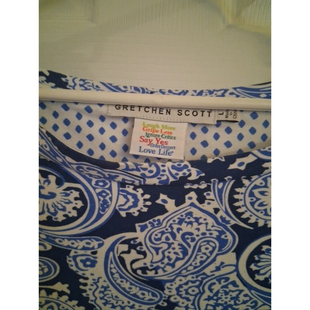 Gretchen Scott Size L Women's Blue White Paisley 3/4 Sleeve Cotton Knit Top